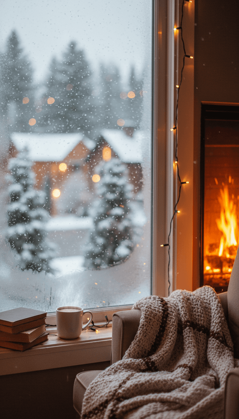 따뜻하고 부드러운 실내 조명과 함께 눈이 내리는 아늑한 창밖 풍경, 평화로운 겨울 아이폰 배경화면.