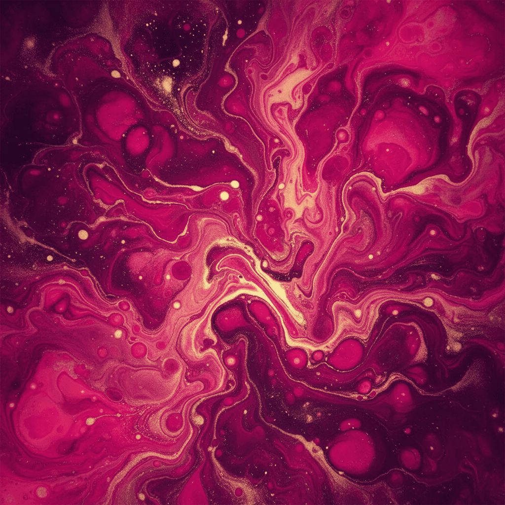 생동감 있는 마젠타, 짙은 보라색, 금색 소용돌이의 추상 유체 아트 아이폰 배경화면.