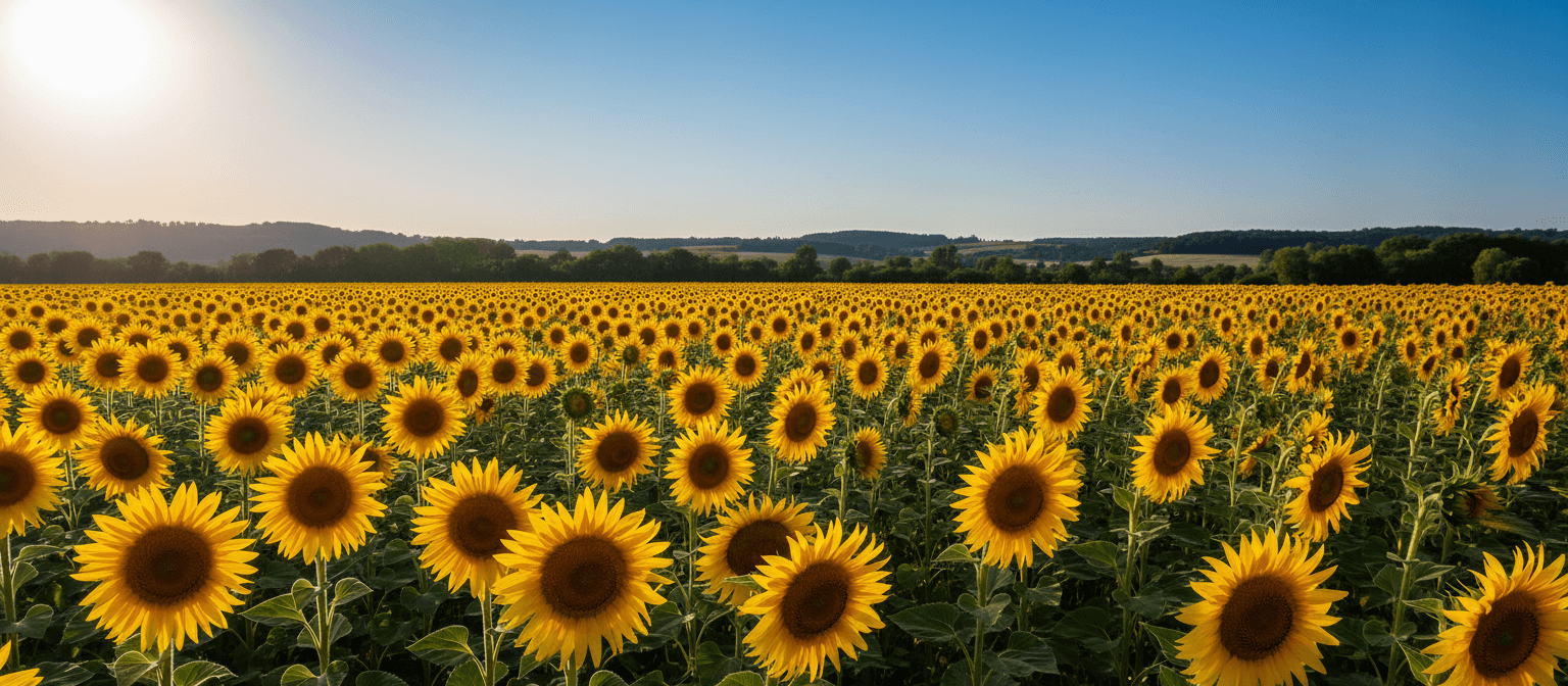 맑은 푸른 하늘을 향해 뻗어 있는 생동감 넘치는 해바라기 밭의 밝고 쾌활한 여름 풍경 아이폰 배경화면.