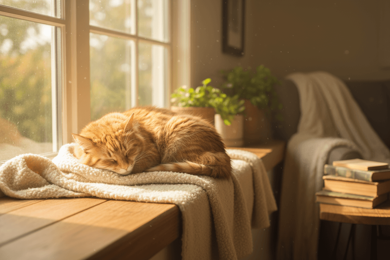 햇살 아래 창턱에서 평화롭게 잠든 푹신한 고양이, 사랑스러운 아이폰 배경화면입니다.