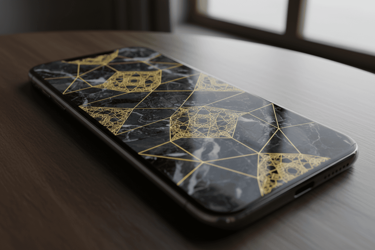 어두운 대리석 질감 위에 황금선이 교차하는 복잡한 기하학적 패턴의 고급스럽고 현대적인 아이폰 배경화면.