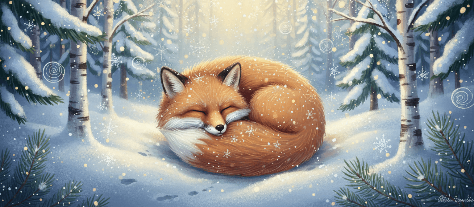 눈밭에 웅크리고 잠든 귀여운 여우 그림.