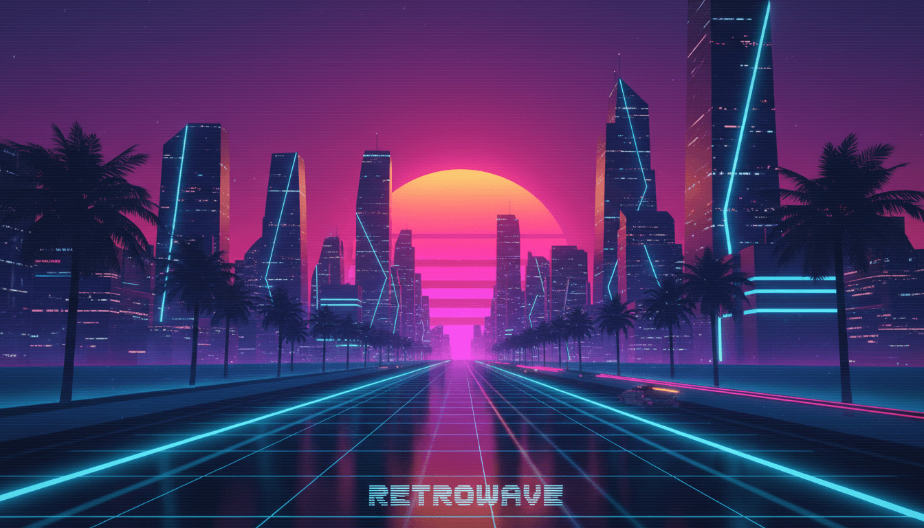 물에 네온 반사가 비치는 미래 도시 스카이라인 위로 retro 80년대 신스웨이브 일몰 아이폰 배경화면.