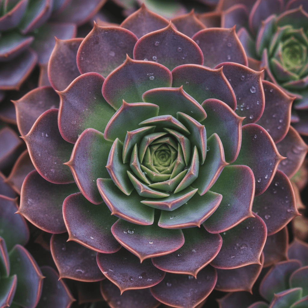 복잡한 기하학과 생생한 초록색과 보라색을 띠는 다육 식물의 클로즈업 아이폰 배경화면.