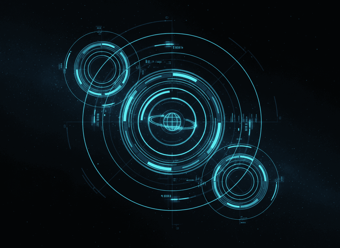 어두운 배경에 빛나는 홀로그램 원과 선으로 구성된 공상 과학 인터페이스 요소의 기술적이고 미래적인 아이폰 배경화면.