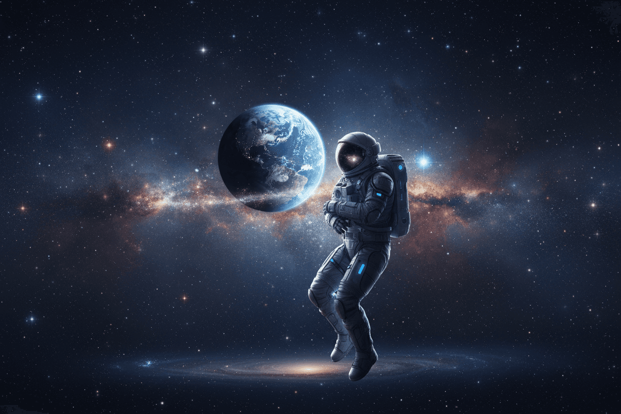 깊은 우주에서 떠다니며 멀리 있는 지구를 바라보는 고독한 우주비행사의 애수에 찬 웅장한 영화 같은 아이폰 배경화면.