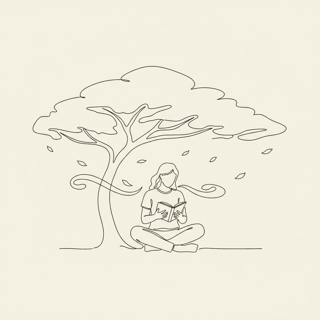 크림색 배경에 나무 아래서 책 읽는 사람의 미니멀한 선화 일러스트레이션, 평화로운 아이폰 배경화면.