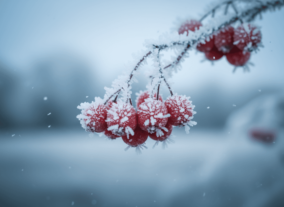 가지에 맺힌 성에 낀 겨울 열매 클로즈업, 섬세한 얼음 결정, 시원한 파란색과 흰색 톤 아이폰 배경화면.