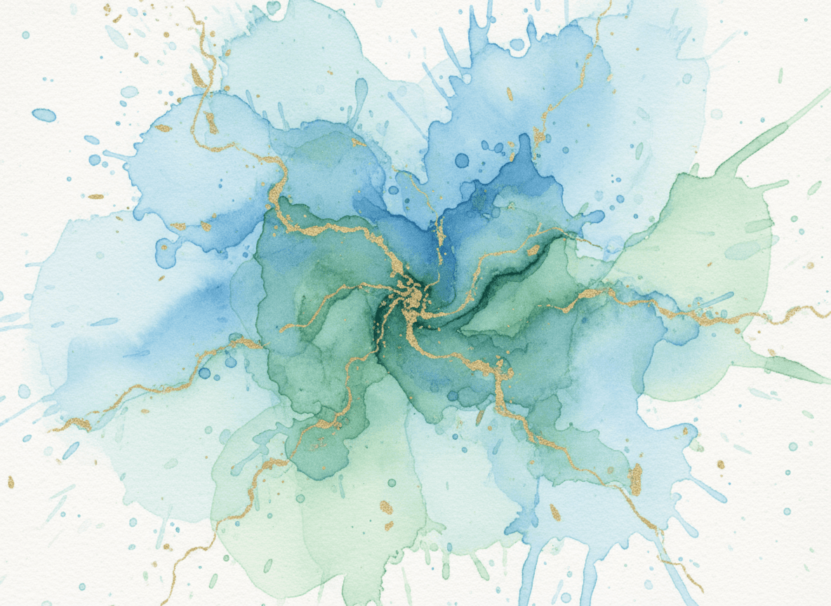 부드러운 파랑, 초록, 그리고 금색이 유기적으로 흐르는 수채화 스플래시 아트 아이폰 배경화면.