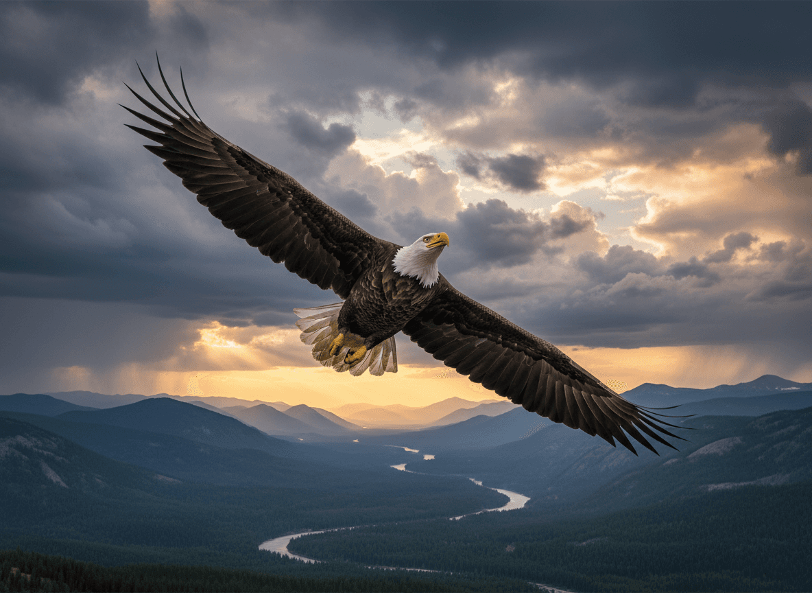웅장한 독수리가 극적인 구름 낀 하늘을 비상하는 모습, 강력한 아이폰 배경화면입니다.