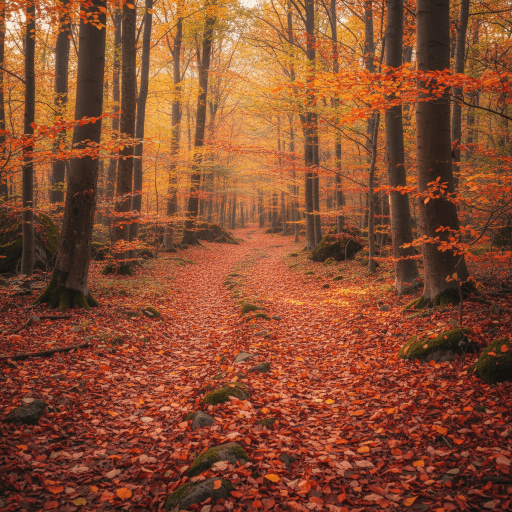 붉고 주황색 단풍으로 가득 찬 가을 숲길, 아늑한 자연풍 아이폰 배경화면입니다.