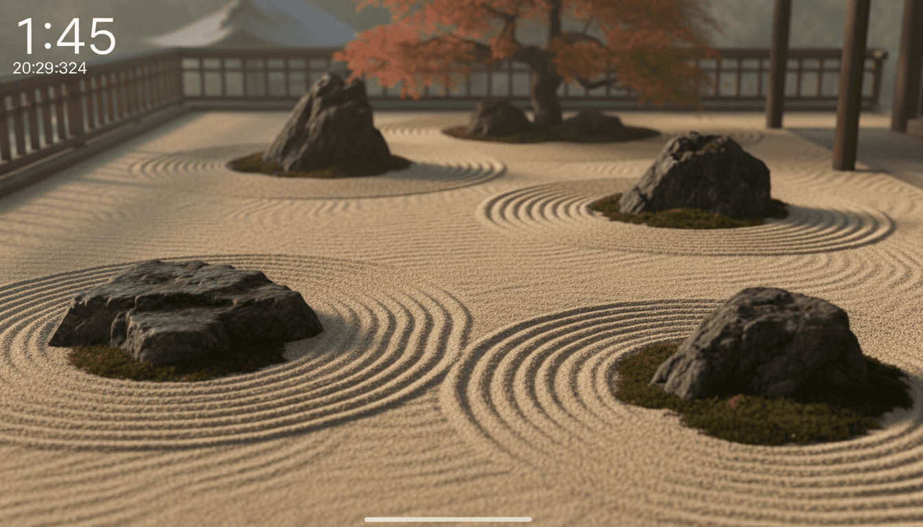 전략적으로 배치된 몇몇 바위와 완벽하게 정리된 일본식 정원 모래 패턴의 평화롭고 깔끔한 아이폰 배경화면.