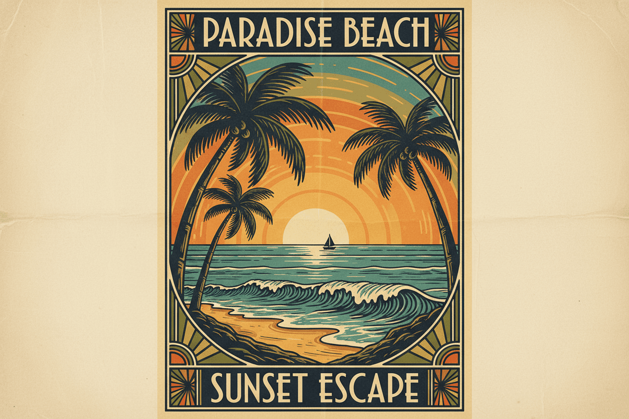 주황색 하늘에 야자수 실루엣이 있는 고요한 해변 일몰, 빈티지 여행 포스터 스타일 아이폰 배경화면.