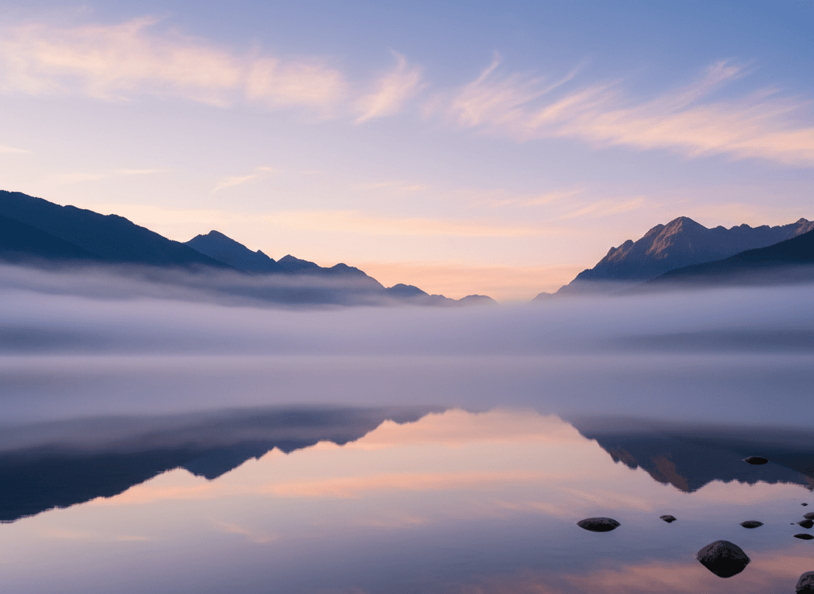 안개 낀 계곡과 파스텔 색조의 하늘을 배경으로 한 고요한 일출 산 풍경 아이폰 배경화면.