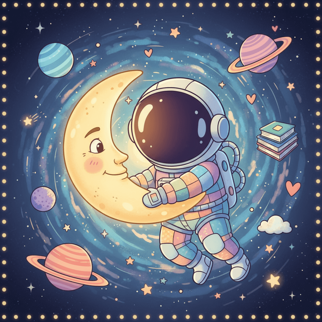 화려한 행성과 별을 배경으로 우주를 떠다니는 상상력 가득한 만화 우주비행사 아이폰 배경화면.