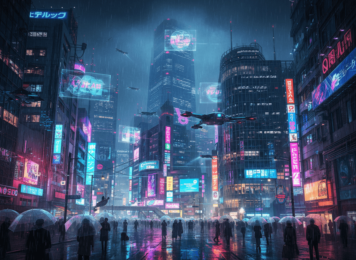 비에 젖은 네온 불빛이 반사되는 미래적인 도쿄 야경, 아이폰 배경화면으로 좋습니다.