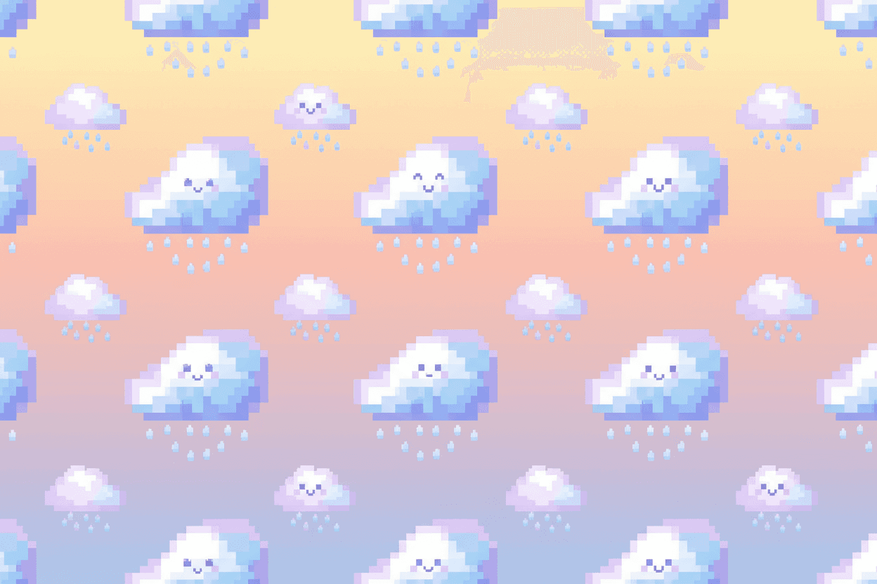 미묘하게 색이 변하는 하늘을 배경으로 한 양식화된 픽셀 아트 구름 패턴의 레트로 게임 미학 아이폰 배경화면.