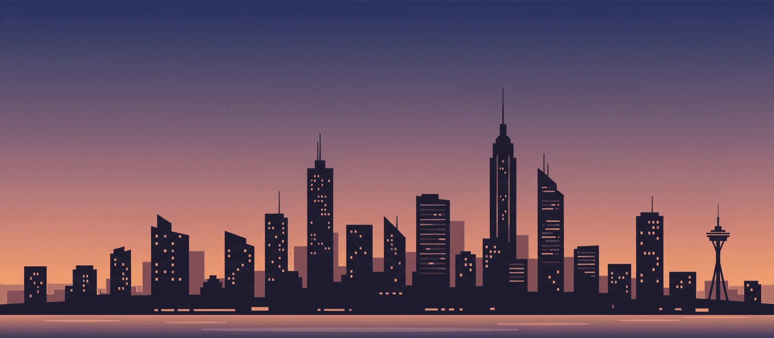 노을이 지는 황혼의 도시 풍경, 따뜻한 그라데이션 하늘에 실루엣 건물, 창문에 불빛이 켜지는 아이폰 배경화면.