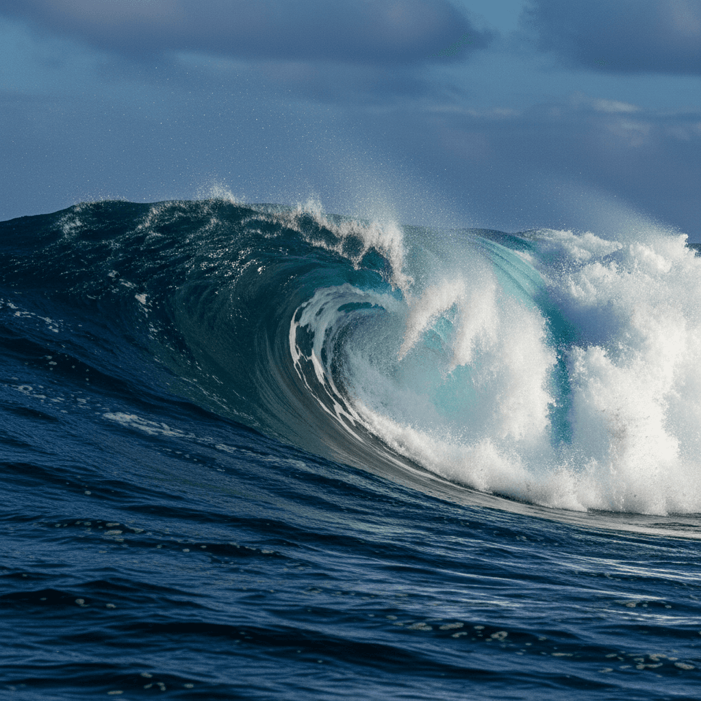 깊고 푸른 바다의 부서지는 파도, 하얀 거품과 어두운 물이 대비되는 역동적인 자연 아이폰 배경화면.