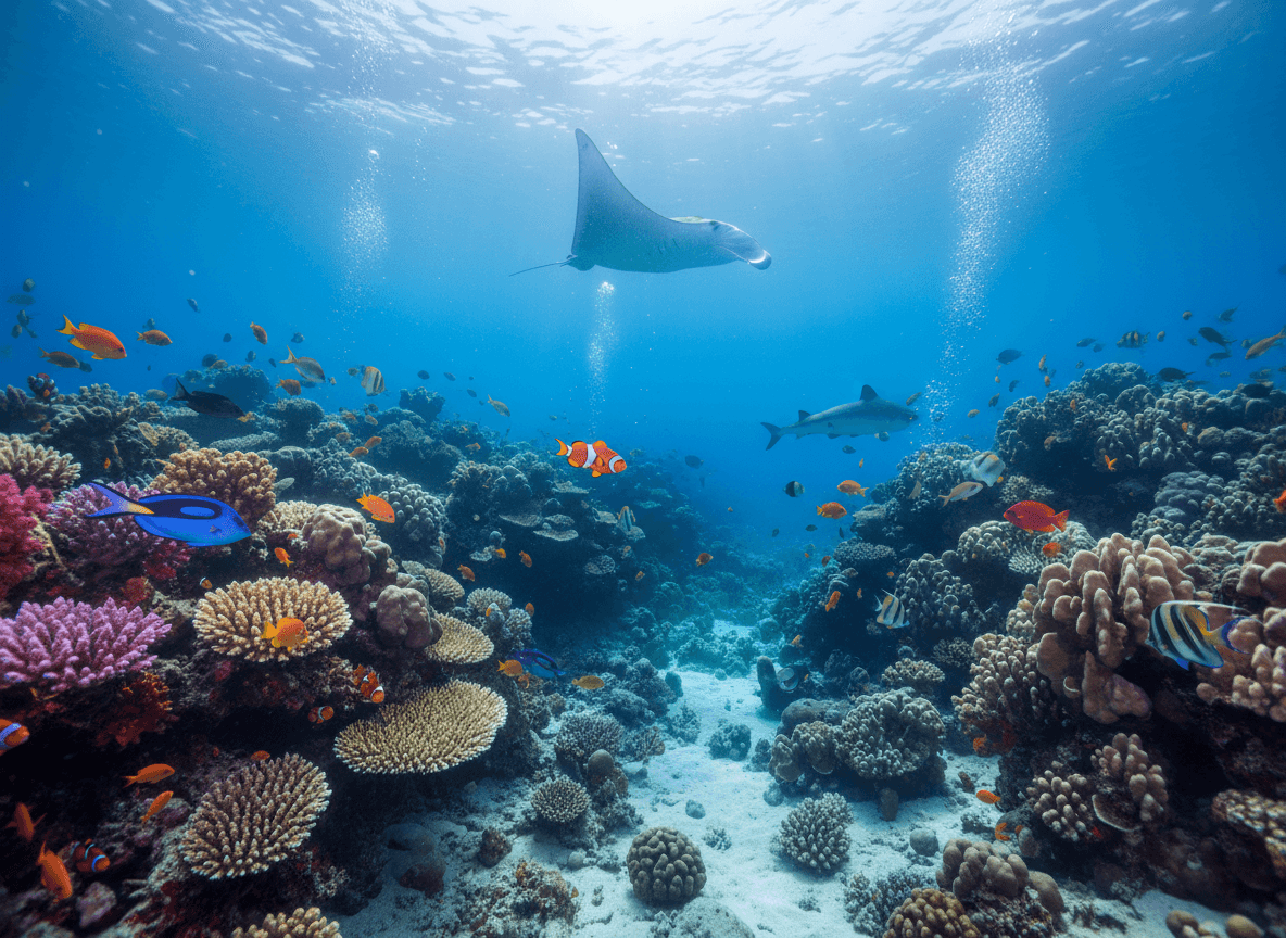 이국적인 물고기와 위에서 비추는 부드러운 빛이 있는 생생한 수중 산호초 아이폰 배경화면.