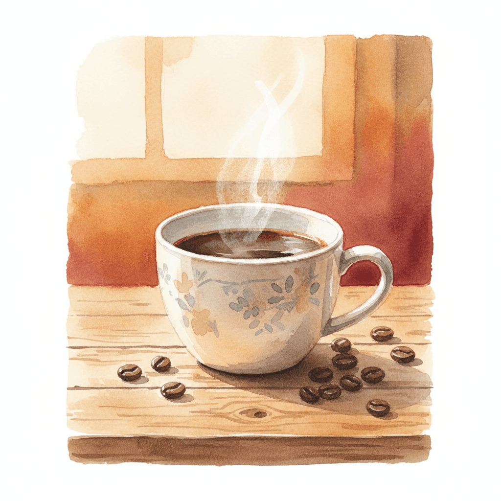 나무 테이블 위에 김이 나는 커피 한 잔과 커피콩이 흩뿌려진 매력적인 수채화 일러스트 아이폰 배경화면.