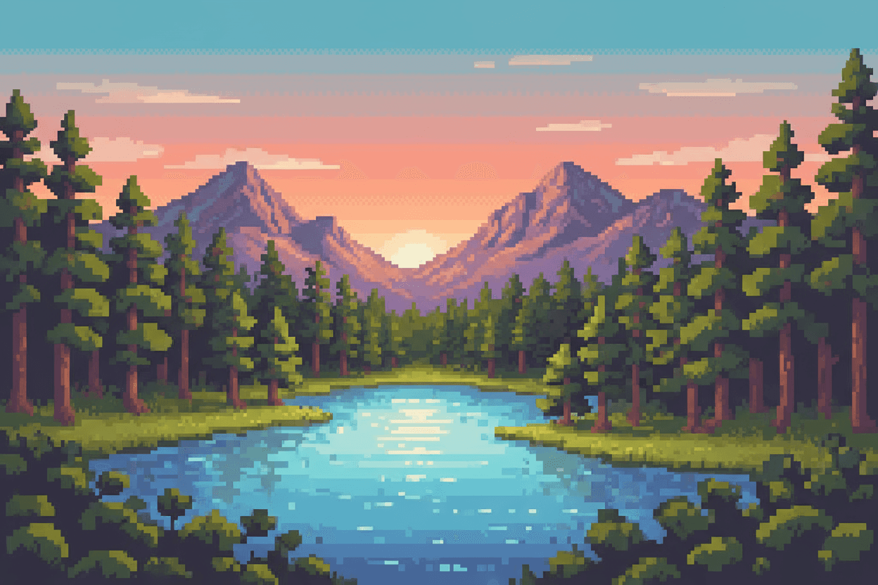 고요한 숲과 호수가 있는 레트로 픽셀 아트 풍경, 향수를 불러일으키는 아이폰 배경화면입니다.