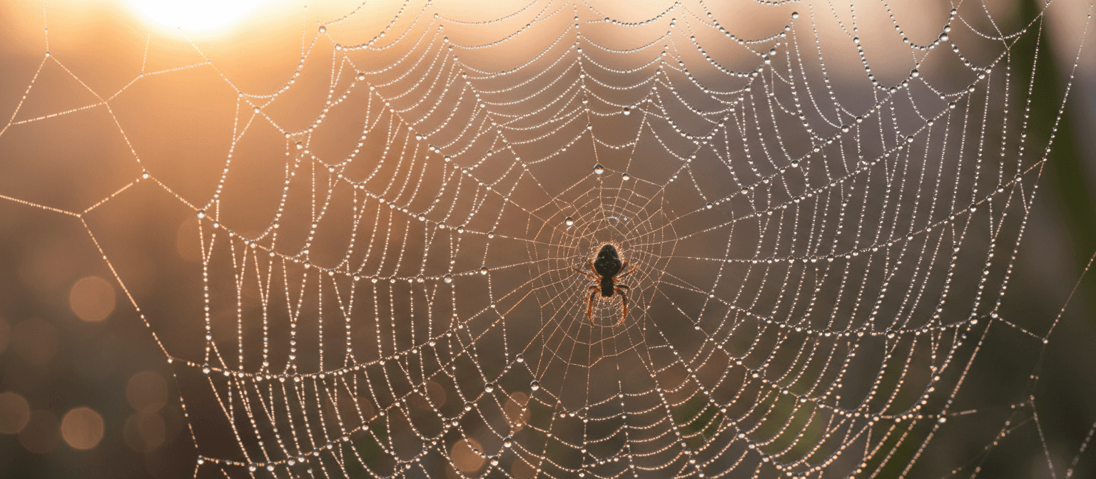 해돋이 거미줄에 맺힌 이슬방울 클로즈업, 무지개빛 반사가 빛나는 아이폰 배경화면.