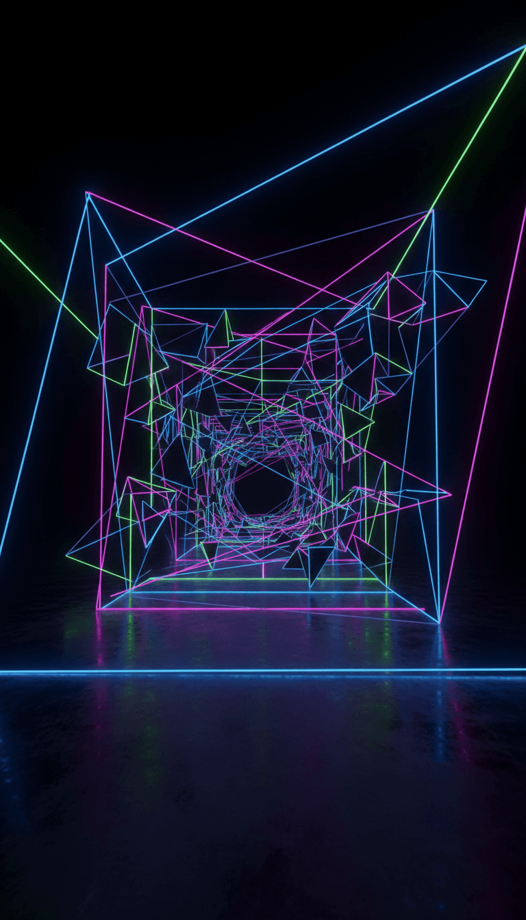 깊이감을 주는 미래적인 네온 기하학 터널, 역동적인 사이버 아이폰 배경화면입니다.