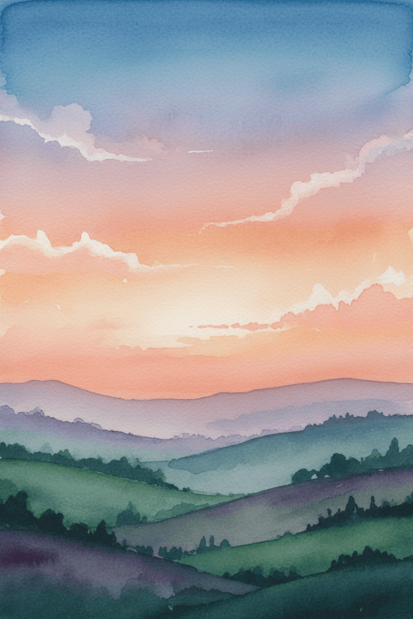 그라데이션 노을 하늘 아래 구릉진 언덕을 그린 몽환적인 수채화 풍경 아이폰 배경화면.