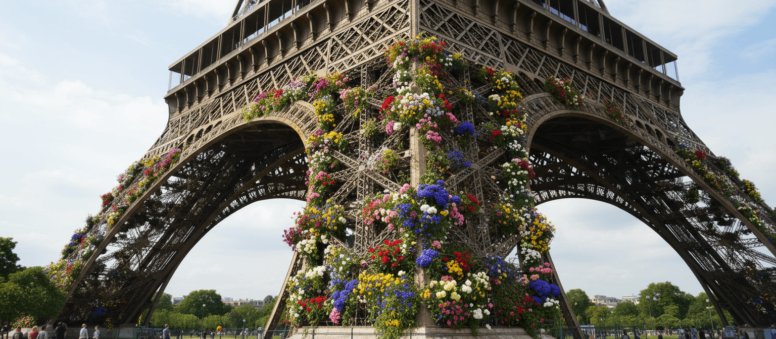 화려한 꽃으로 장식된 에펠탑 기단.