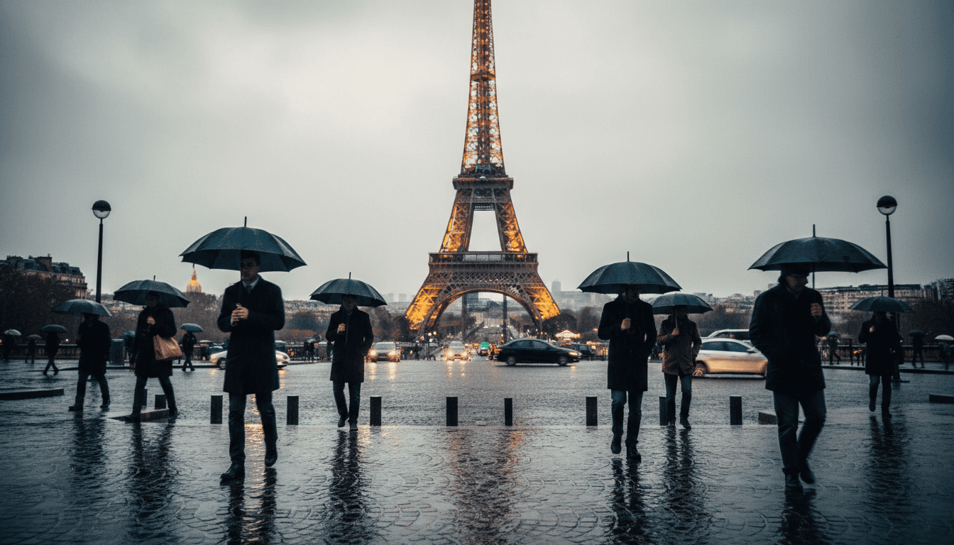 비 오는 날, 젖은 도로에 비치는 에펠탑의 모습.