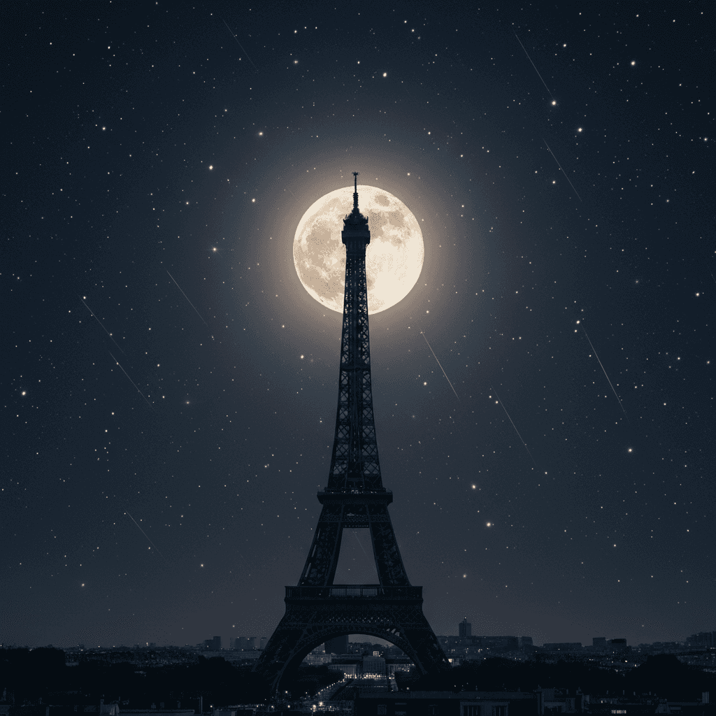 보름달을 배경으로 한 에펠탑의 실루엣.