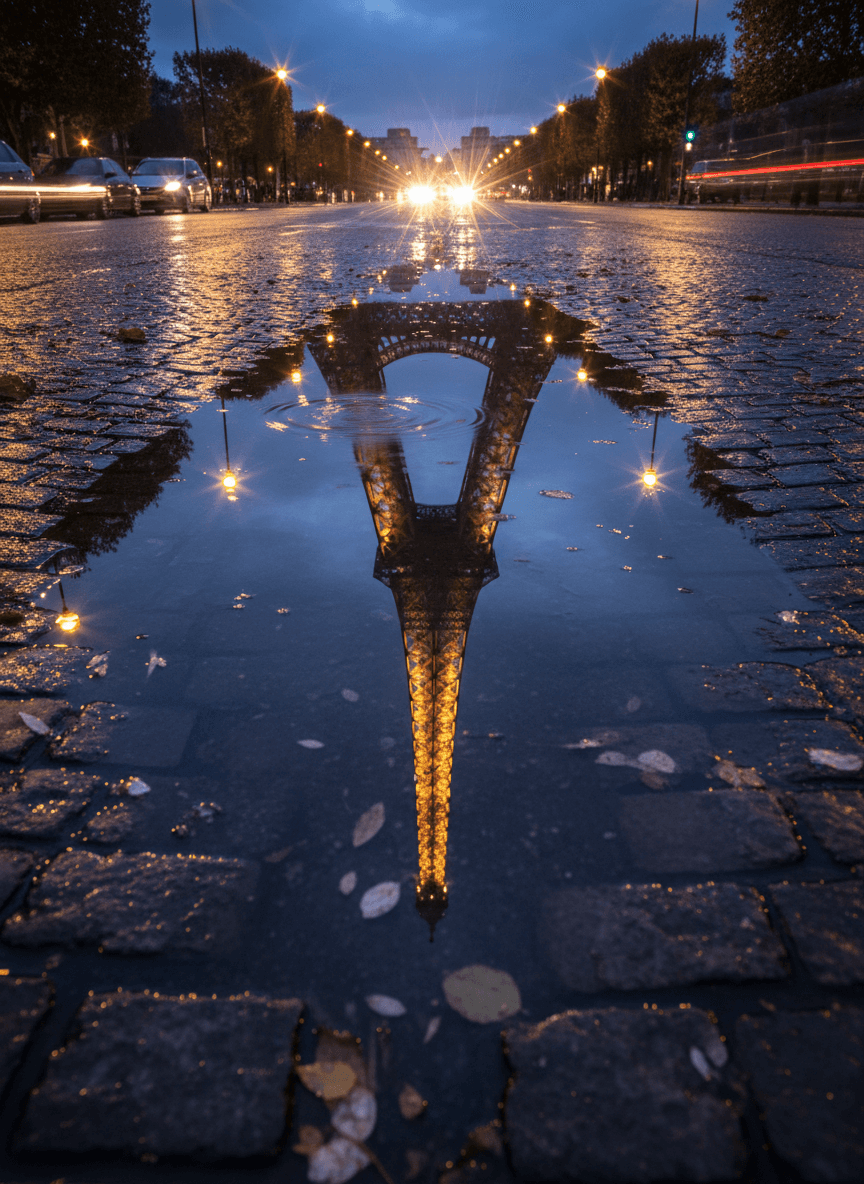 비 온 뒤 길가의 커다란 웅덩이에 완벽하게 반사된 에펠탑.