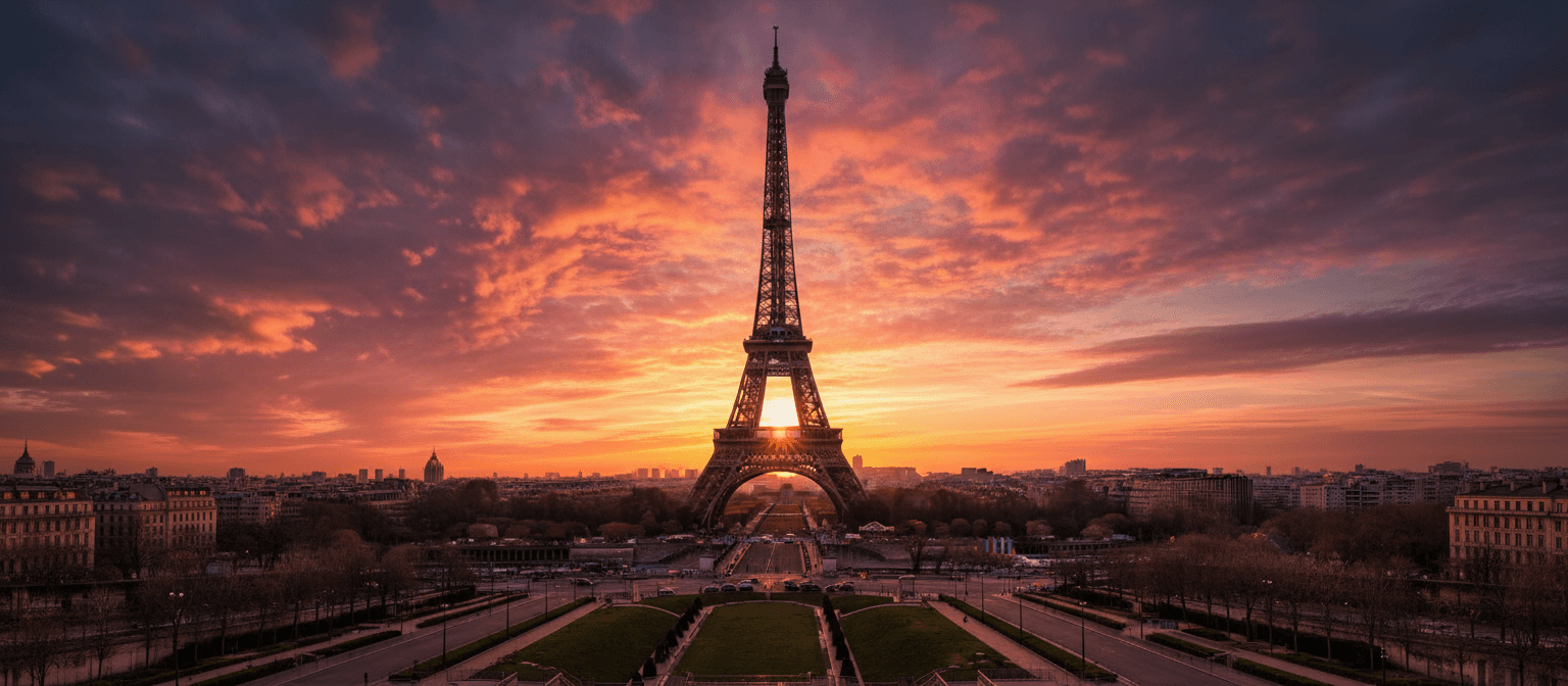 에펠탑 뒤로 펼쳐진 극적인 일몰.