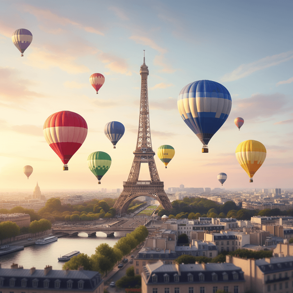 일출 시각, 형형색색의 열기구에 둘러싸여 부드러운 아침 햇살을 받는 에펠탑.