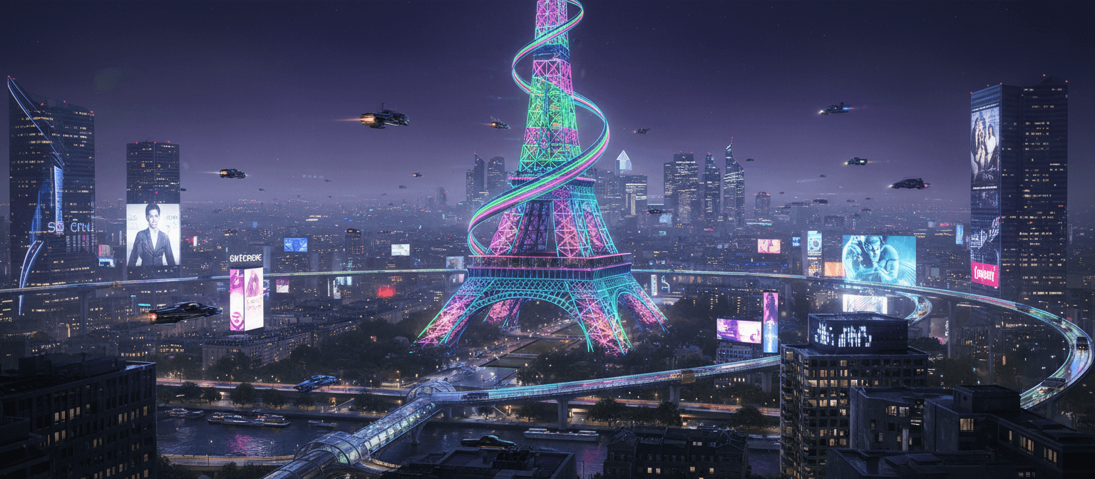 미래적이고 사이버펑크 스타일의 야간 에펠탑.