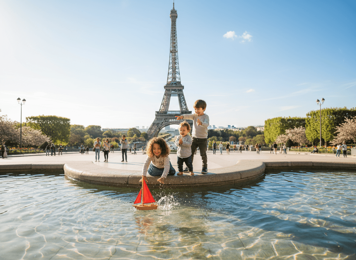 맑은 날, 샹 드 마르스 공원에서 놀고 있는 아이들과 배경에 우뚝 선 에펠탑.