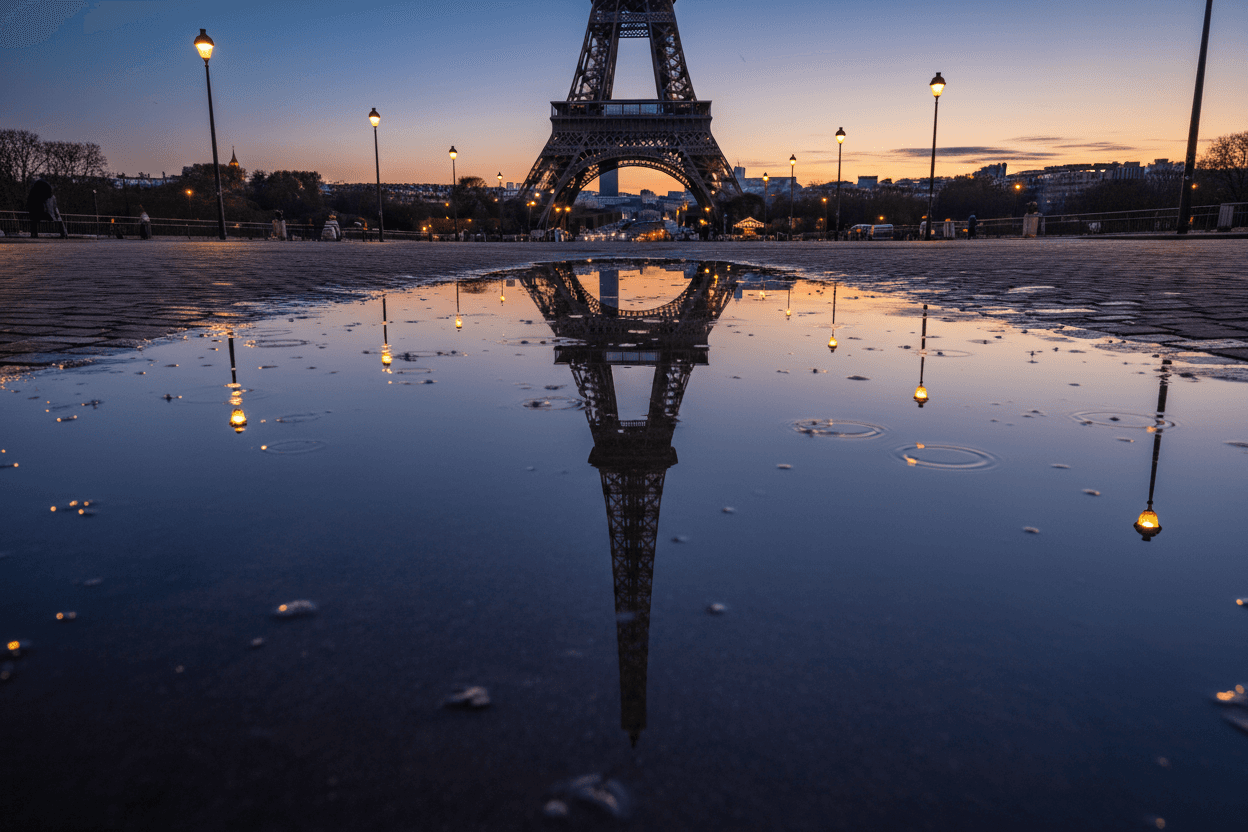 빗물 웅덩이에 완벽하게 비친 에펠탑의 모습.
