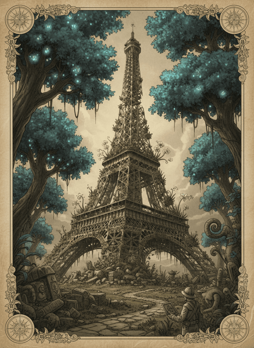 덩굴로 뒤덮인 고대 유적처럼 신비로운 정글에 놓인 에펠탑, 잊혀진 문명의 미학.