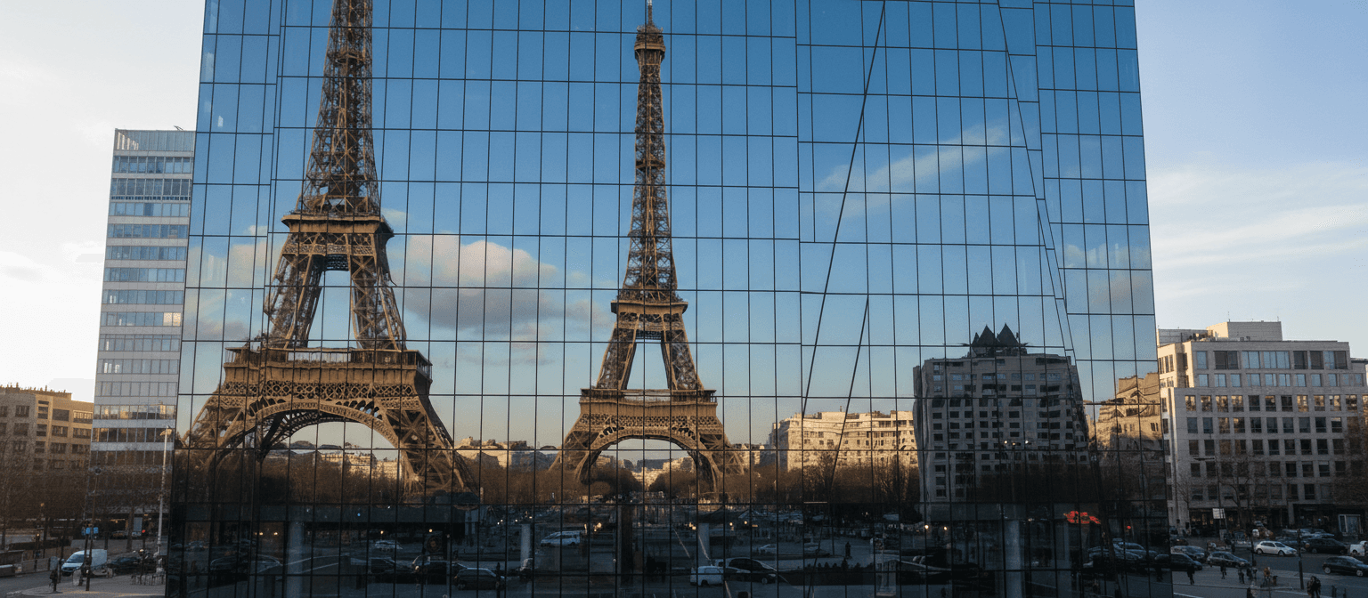 현대적인 고층 빌딩 유리 외벽에 왜곡되어 비치는 에펠탑의 모습.