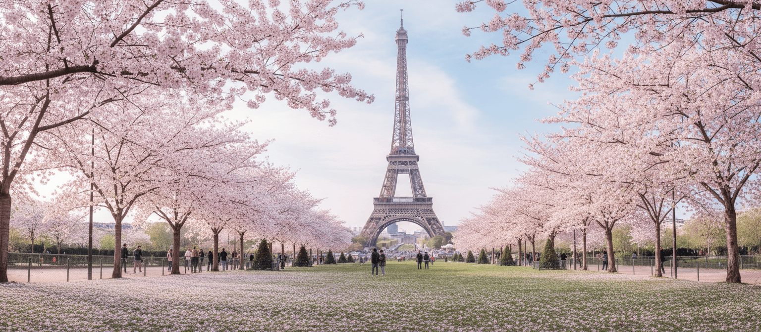 만개한 벚꽃이 가득한 봄날의 파리 에펠탑.