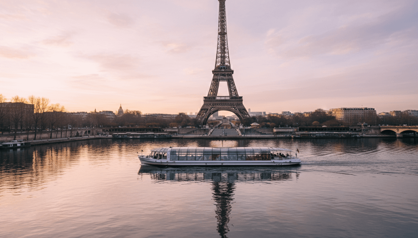 새벽 센 강 잔잔한 물에 비친 에펠탑과 지나가는 유람선.