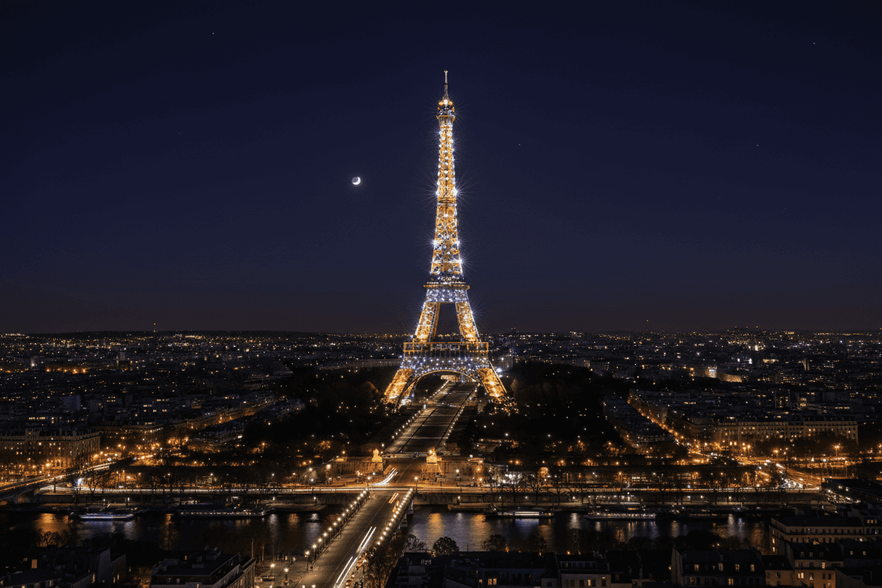 밤에 조명으로 빛나는 에펠탑.