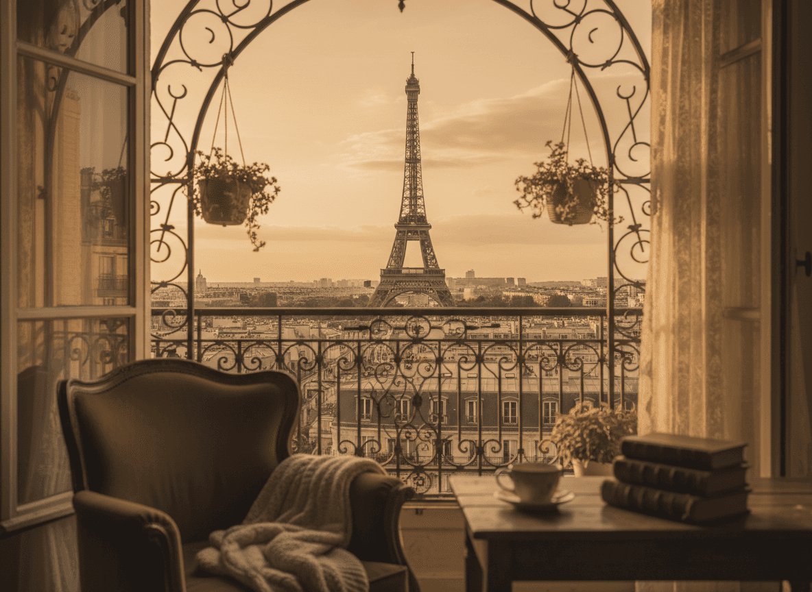 화려한 창문 너머로 멀리 보이는 에펠탑, 아늑한 파리 아파트 내부.