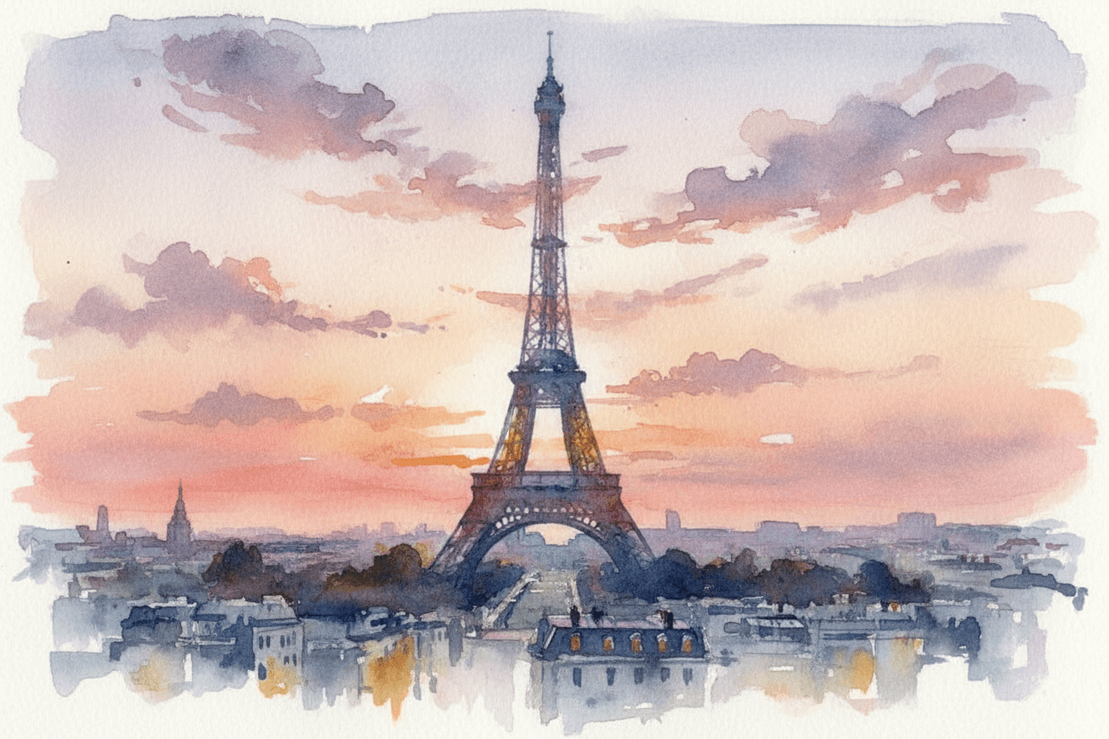 일몰 속 에펠탑의 수채화.