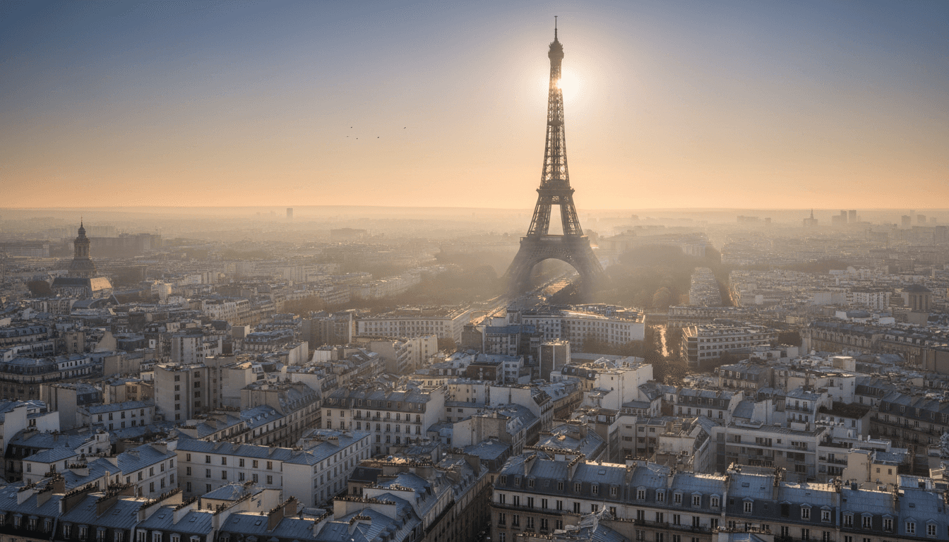 안개 낀 일출에 파리 지붕 위로 길고 극적인 그림자를 드리운 에펠탑.