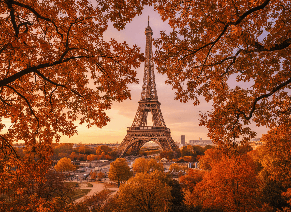 가을 단풍에 둘러싸인 에펠탑.