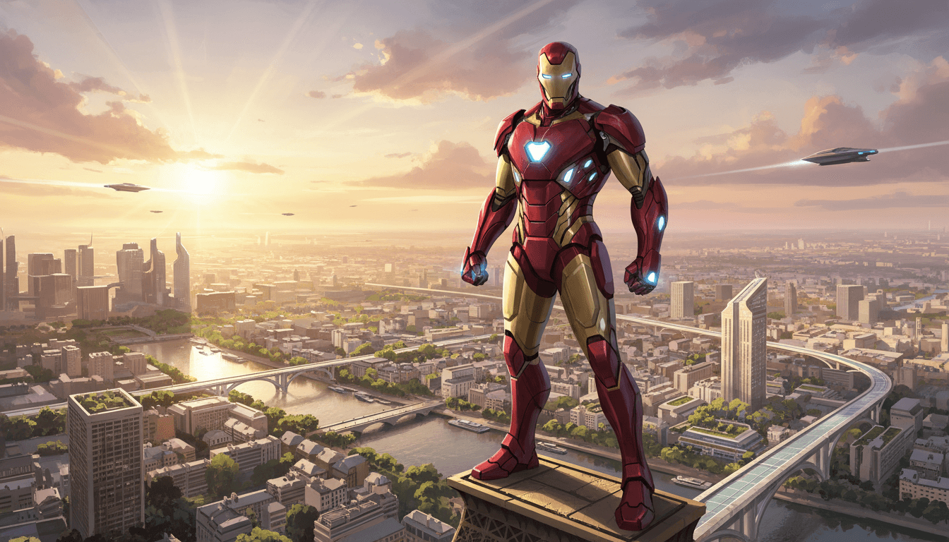 에펠탑 꼭대기에 서서 파리를 내려다보는 미래적인 아이언맨 갑옷.