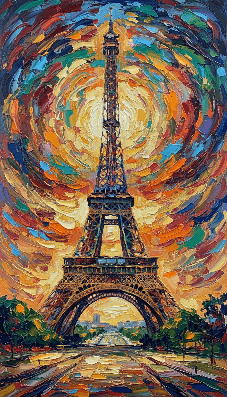대담한 색상과 두꺼운 붓질이 특징인 에펠탑의 표현주의 회화.