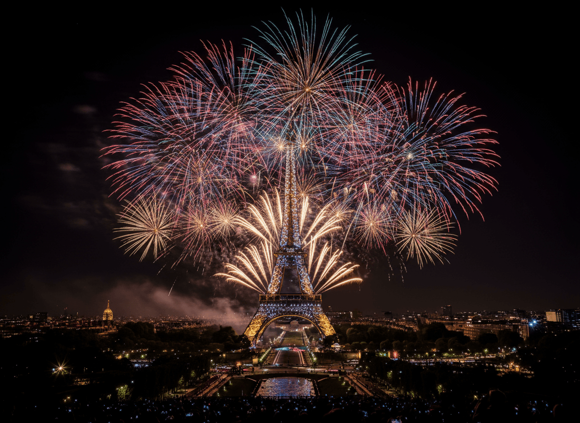 밤하늘에 에펠탑 주변으로 터지는 화려한 불꽃놀이.